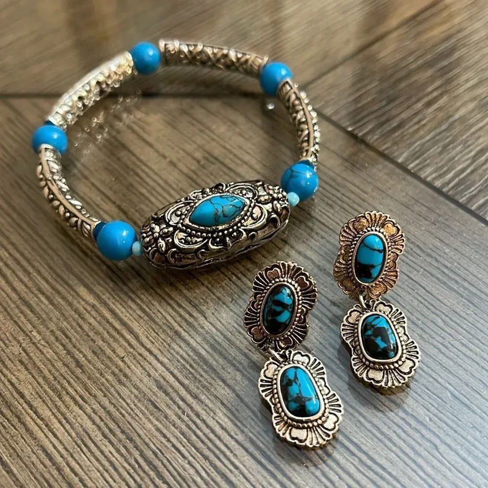 Silver and Blue Stone Earrings Southwest Style Set